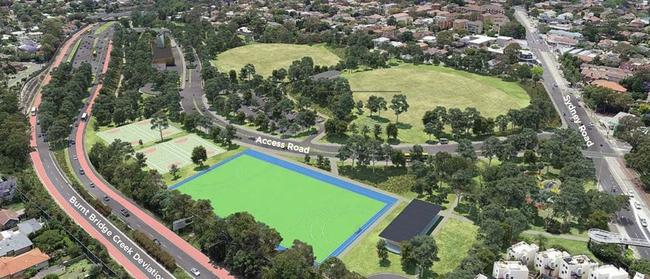 An artist's impression from the Beaches Link Community Update document released on November 26, 2019 showing the proposed tunnel access road and proposed sporting fields where Dudley St used to be. Picture: Transport for NSW