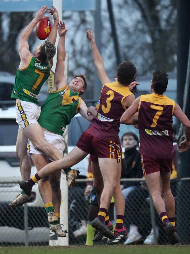 Leongatha’s Jackson Harry soars for a mark against Drouin on Saturday. Picture Yuri Kouzmin