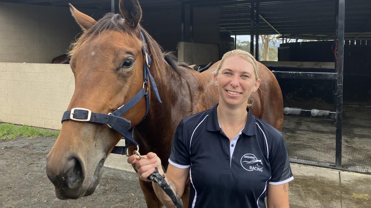 Queensland apprentice jockey Emily Pomfrett at Mike Crooks’ training property this week as she continues her recovery from a brain injury sustained in a horror incident earlier this year. Picture: Ben Dorries