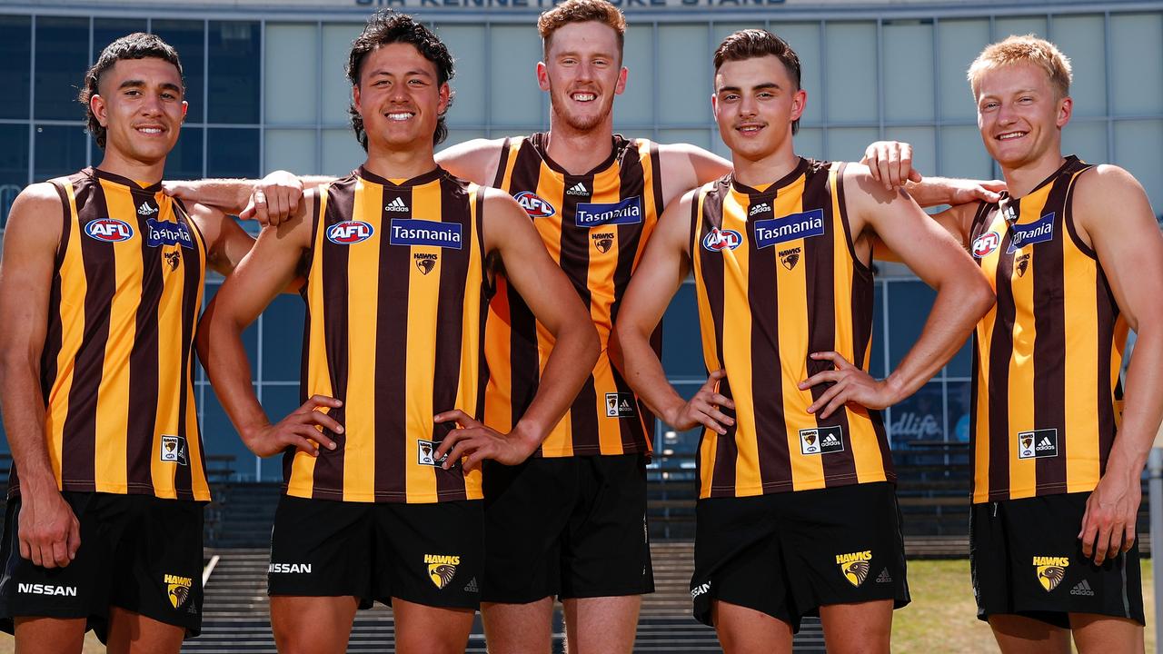 Hawthorn’s newest draftees: Tyler Brockman, Connor Downie, Denver Grainger-Barras, Seamus Mitchell and Jack Saunders. Picture: Michael Willson/AFL Photos via Getty Images