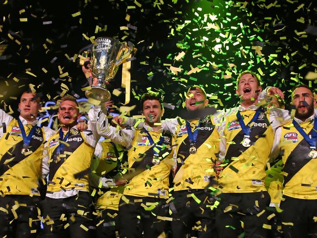 Trent Cotchin and his teammates rejoice in their win. Picture: Getty Images