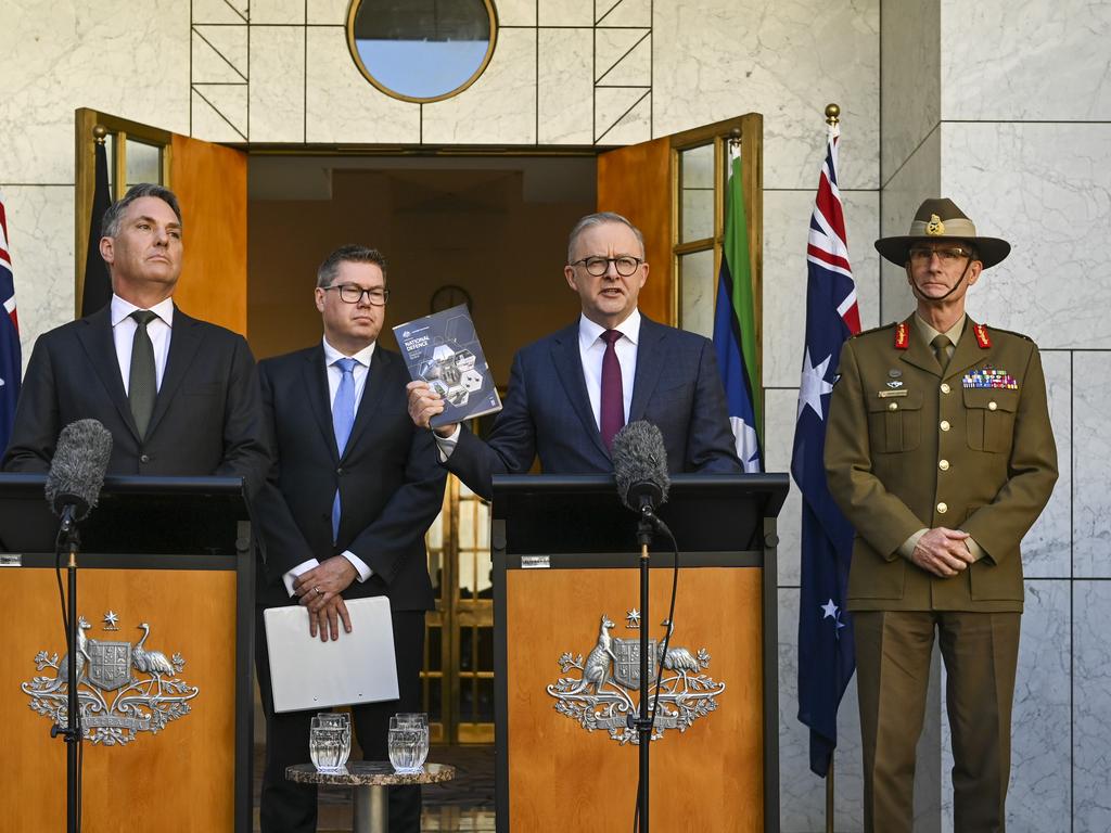 Defence Minister Richard Marles, Defence Industry Minister Pat Conroy, Mr Albanese, and Defence Force Chief Angus Campbell presented the review in Canberra. Picture: NCA NewsWire / Martin Ollman