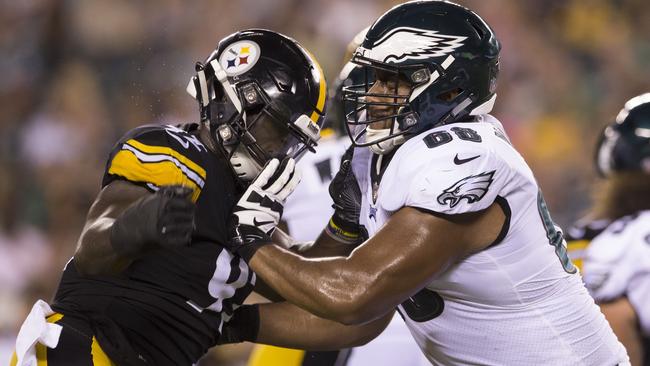 Former NRL under-20s player Jordan Mailata (left) was drafted by the Philadelphia Eagles this year. Picture: Mitchell Leff/Getty Images/AFP