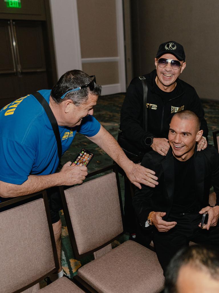 Kostzy Tszyu surprises son Tim at the official press conference. Credit: Johnny Garcia