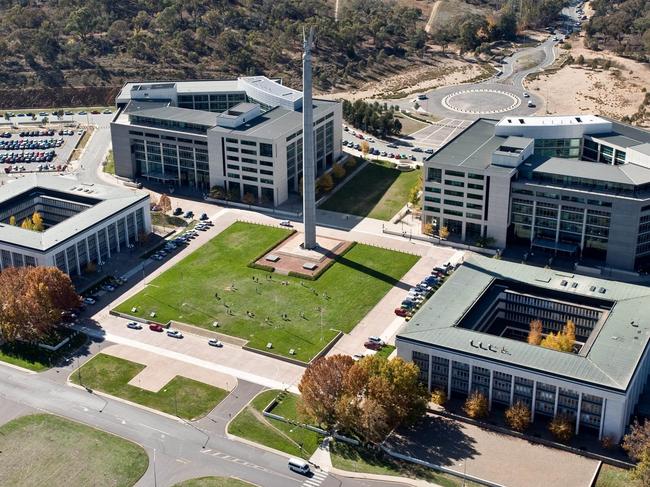 Aerial view of the Defence Department Buildings (Russell Offices Hill) in Canberra with the Eagel octagonal spire. Supplied by the Defence Department.