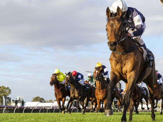 Damien Oliver glances over his shoulder Almandin cruises to a stunning victory. Picture: Getty Images