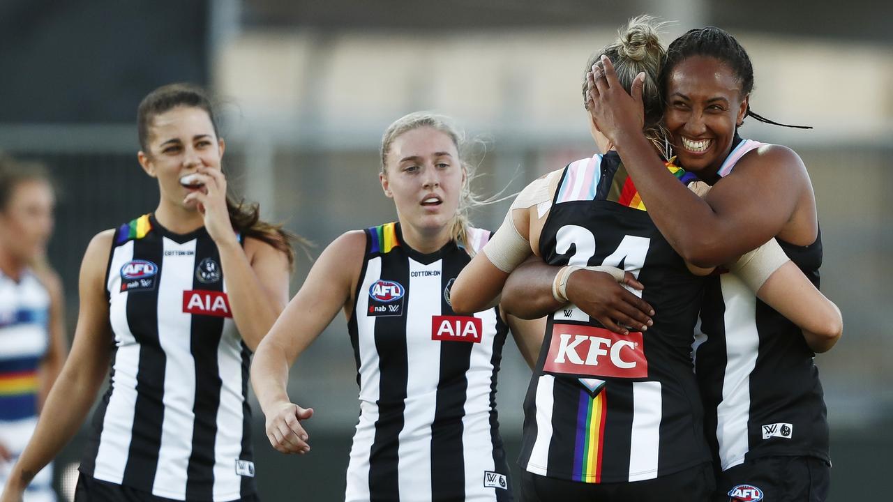GEELONG, AUSTRALIA – JANUARY 21: Sophie Alexander of the Magpies celebrates a goal with Sabrina Frederick during the 2022 AFLW Round 03 match between the Geelong Cats and the Collingwood Magpies at GMHBA Stadium on January 21, 2022 in Geelong, Australia. (Photo by Dylan Burns/AFL Photos via Getty Images)