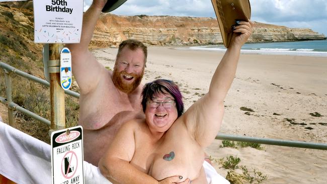 Maslins Naturist Beach celebrating 50th anniversary. Shazz Weaver, president of Australian Naturist Federation, and her partner Barra Mundi (real name), are long time Maslins beach goers. 15 February 2025. Picture: Dean Martin