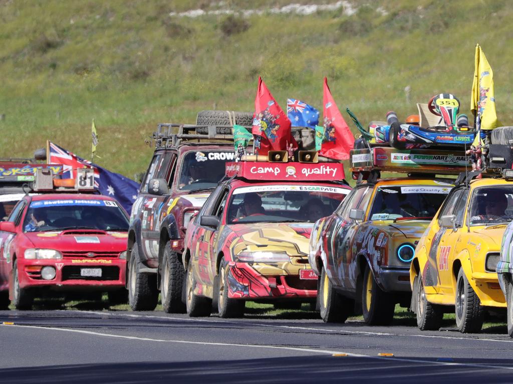 Camp QualityÃs signature motoring event, esCarpade with 50 themed cars, (including homages to Mario Bros, Superheroes, Smurfs, Simpsons, Incredibles and many more) will roll into Geelong's Barwon Valley Fun Park at 3.30pm .The line up of contestants arrive Picture: Mark Wilson