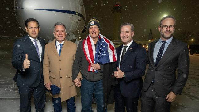 Fogel (centre) after landing in Maryland, alongside (from far left) Marco Rubio, Steve Witkoff, Mike Waltz, and Adam Boehler, the envoy for hostages.