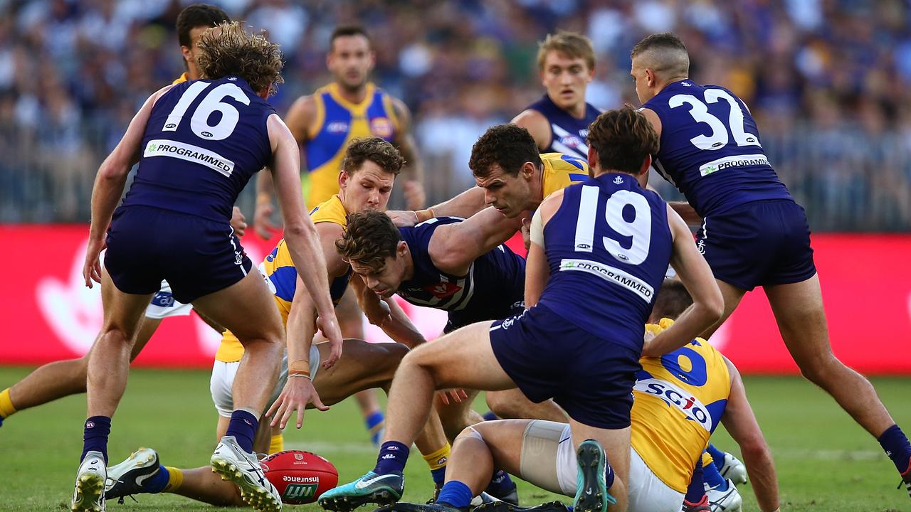 There were plenty of players around the ball during the derby. Picture: Getty Images