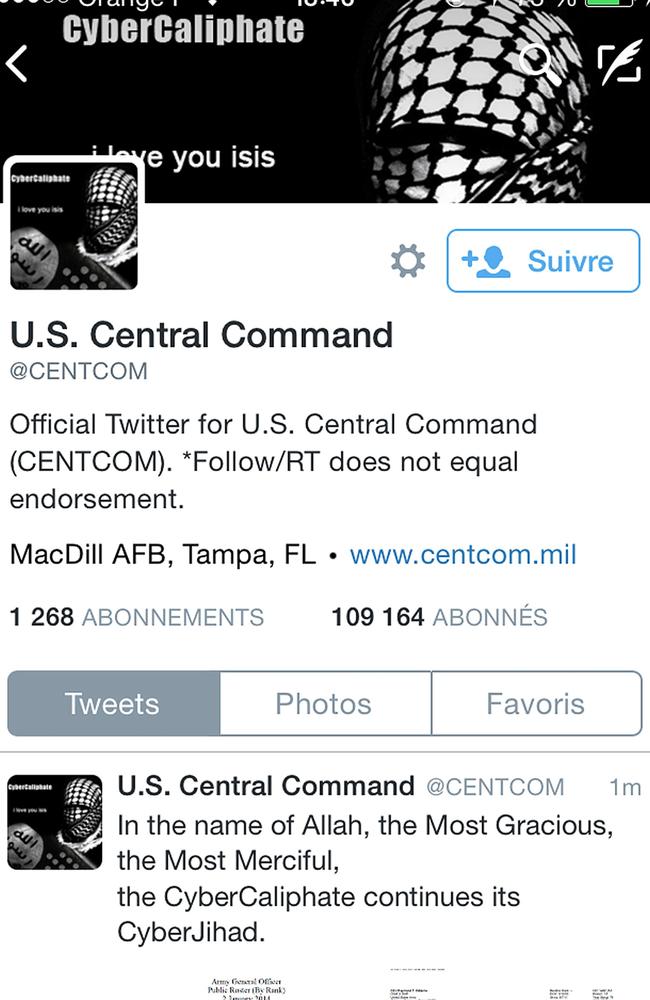 Taknig control ... what Islamic State’s hackers wrote on the US Central Command's Twitter account page. Picture: AFP