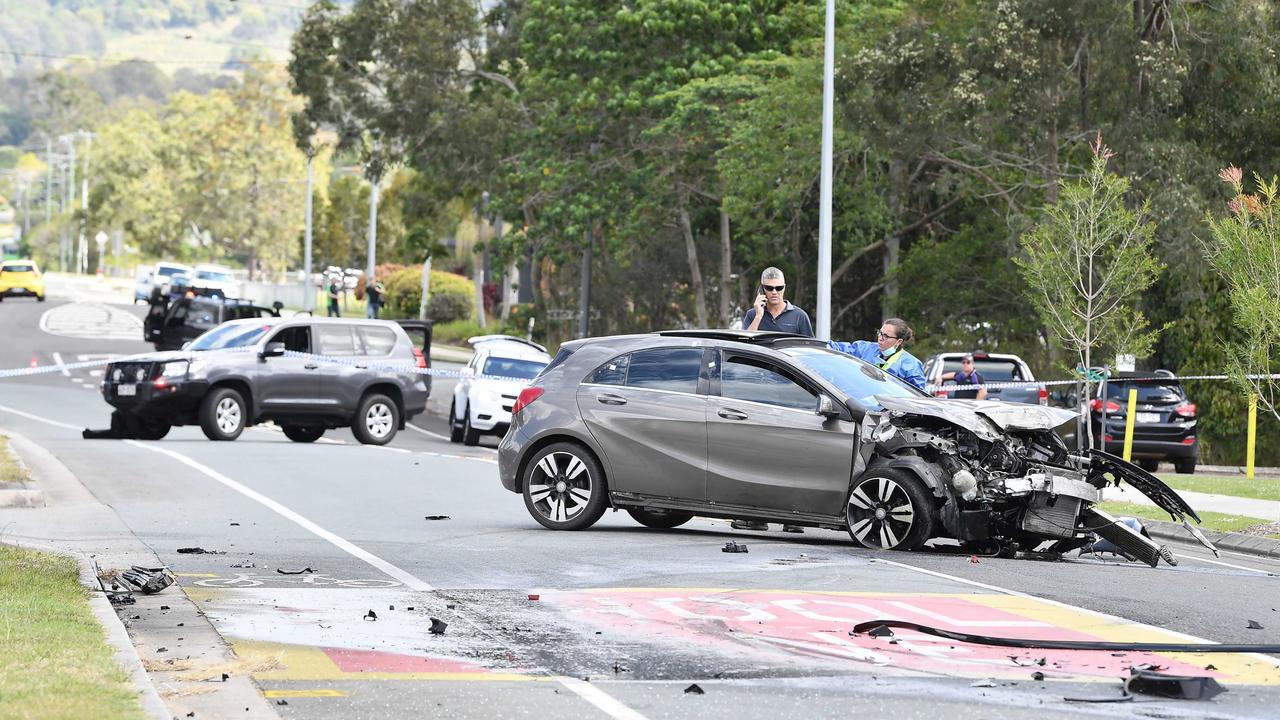 A woman has died in a horror crash involving a young driver allegedly in a stolen Mercedes outside a school on the Sunshine Coast. Picture: Patrick Woods.