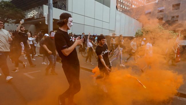 Melbourne Freedom Rally protest took to the streets after leaving the Shine of Remembrance. Picture: Alex Coppel