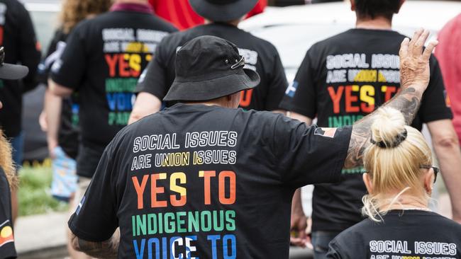 Yes to Indigenous Voice to Parliament is seen on a shirt worn by a union member after the Toowoomba Labour Day march, Saturday, April 29, 2023. Picture: Kevin Farmer