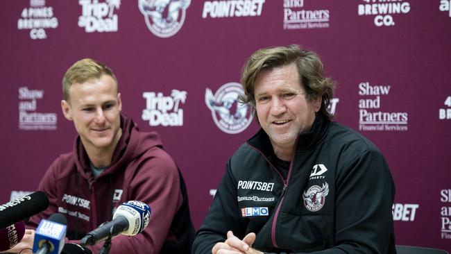 Coach Des Hasler and captain Daly Cherry-Evans front the media amid the Pride Jersey saga.