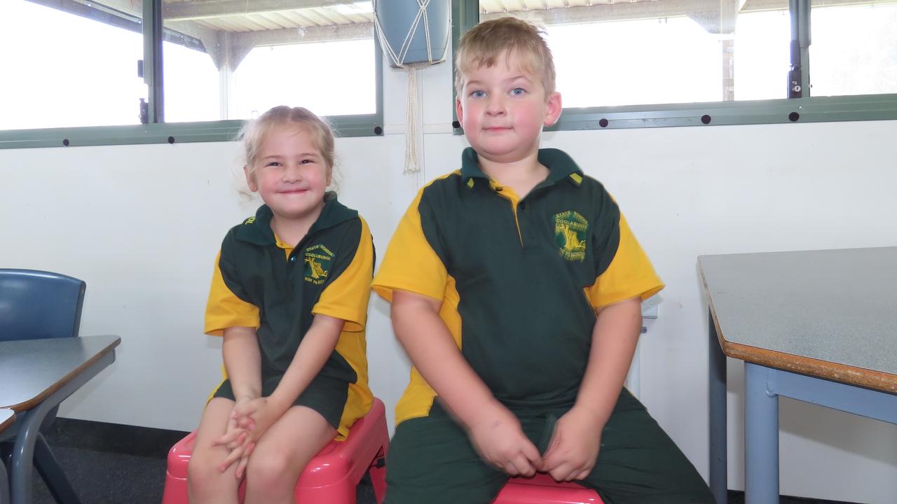 Twins Ada and Oaklan van Schyndel on their first day of prep at Coolabunia State School.