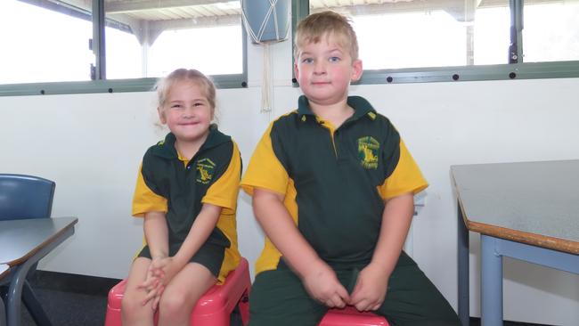 Twins Ada and Oaklan van Schyndel on their first day of prep at Coolabunia State School.