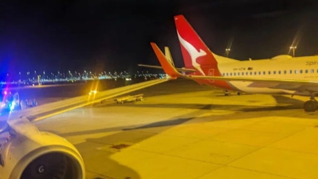 A Qantas plane clipped the wingtip of another Qantas plane at Perth airport. Picture: Nine