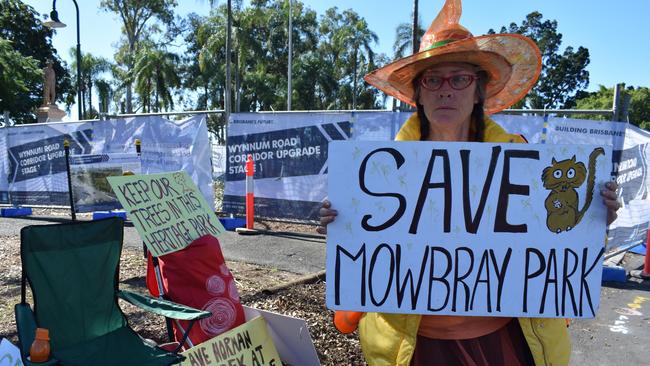 "The Road Fairy" Bernadette le Goullon campaigns against the widening of Lytton Rd at Mowbray Park. Picture: Brian Bennion