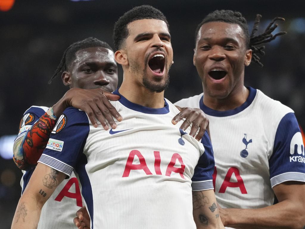 Dominic Solanke celebrates after scoring his side's third goal. Picture: AP