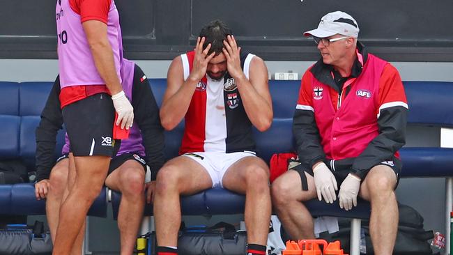 Former St Kilda forward Paddy McCartin after one of his multiple head knocks during his time at the Saints. Picture: Scott Barbour/Getty Images