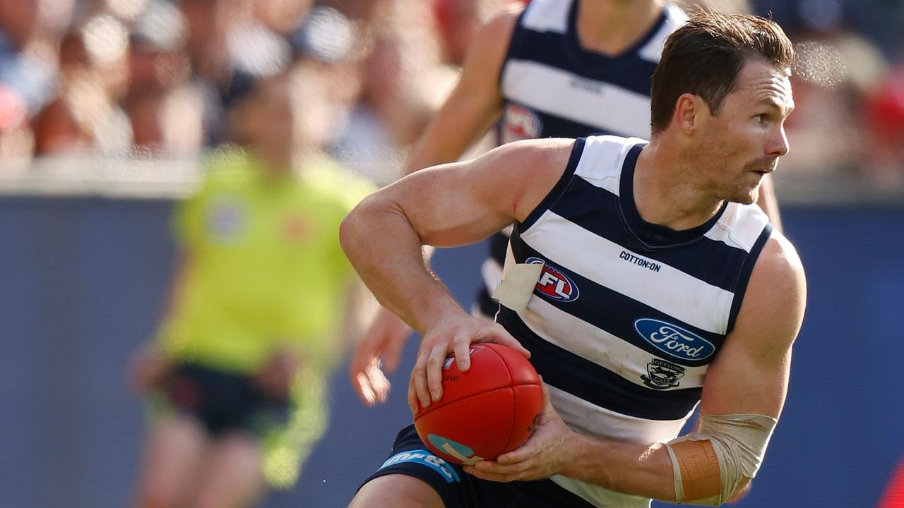 MELBOURNE, AUSTRALIA - SEPTEMBER 24: Patrick Dangerfield of the Cats in action during the 2022 Toyota AFL Grand Final match between the Geelong Cats and the Sydney Swans at the Melbourne Cricket Ground on September 24, 2022 in Melbourne, Australia. (Photo by Michael Willson/AFL Photos via Getty Images)