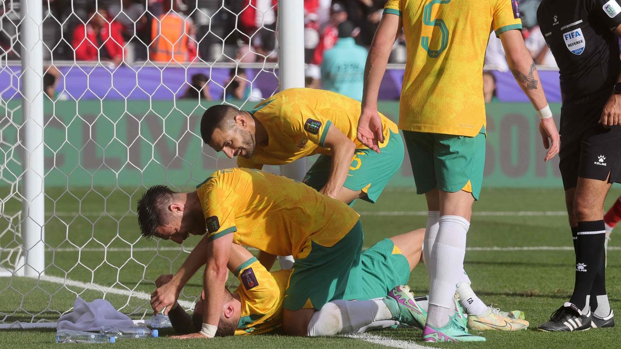 The Socceroos celebrate their second goal. Picture: AFP