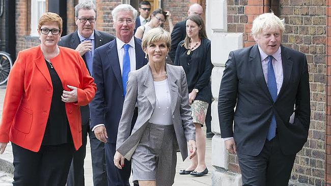 Marise Payne, Alexander Downer, UK Secretary of State for Defence Michael Fallon, Julie Bishop and UK Foreign Secretary Boris Johnson arrive ahead of the annual AUKMIN summit in London last week.