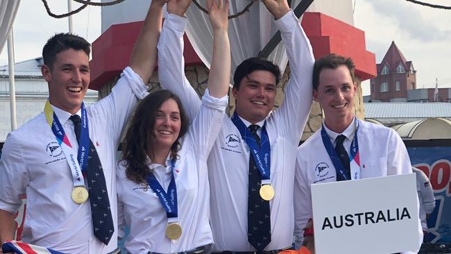 Tom Grimes, far right, sister Jess, second from left and crewmates after winning the Youth Match Racing world title.