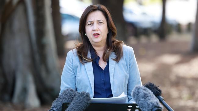 Premier Anastasia Palaszczuk talks to media with a Covid update on Sunday. Picture: Peter Wallis