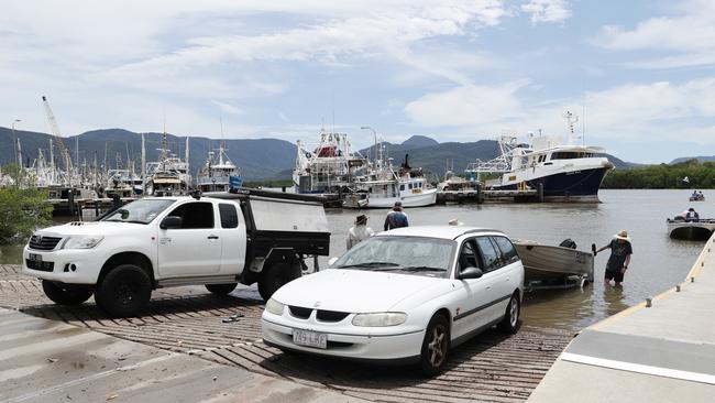 Water at the Fernley Street boat ramp at Portsmith was peaking just below the roadway at a previous time where Cairns was experiencing king tides. Picture: Brendan Radke