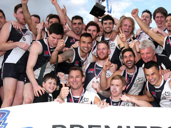 The premiership team Oakleigh celebrate after winning the Division 2 Grand Final of the SFNL between Oakleigh District and Murrumbeena played at Cheltenham on Saturday 19th September, 2015. Picture: Mark Dadswell