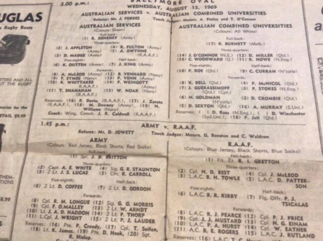 The team sheet listing Bob Fulton’s appearance (No.4) for the 1969 Australian Services rugby team at Ballymore.