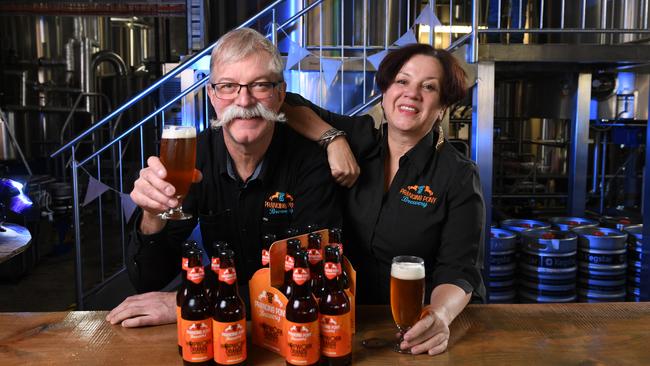 Frank Samson and Corinna Steeb from Prancing Pong brewery at Totness, Mount Barker. Picture: AAP/Mark Brake