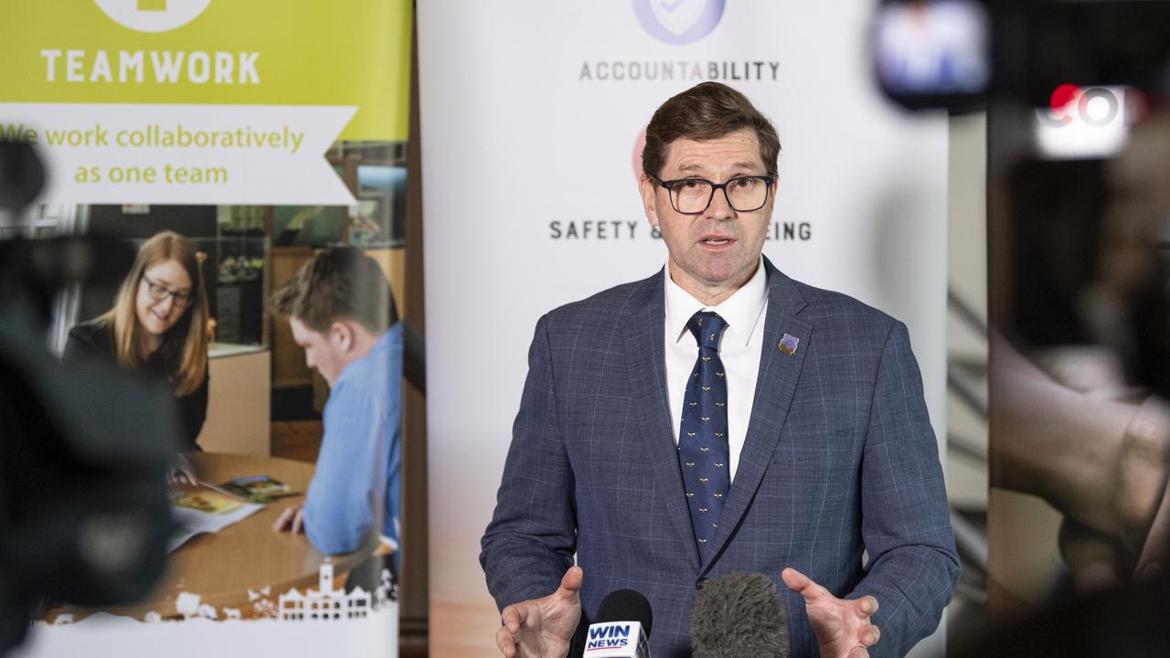 Mayor Geoff McDonald speaks to media as Toowoomba councillors formally approve a $703 million budget for 2024-25, Tuesday, June 25, 2024. Picture: Kevin Farmer