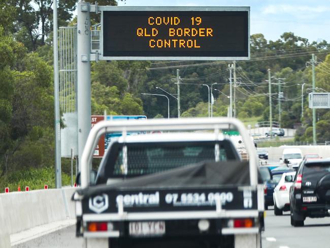 An electronic sign on the M1 south bound ahead of the March 25 closure of the Queensland-NSW border. Picture: Nigel Hallett