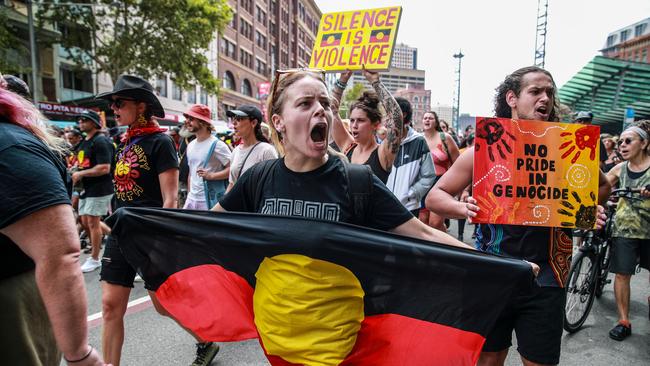 Demonstrators shout slogan as they march towards Victoria Park during an Invasion Day protest on January 26, 2024 in Sydney, Australia. Picture: Roni Bintang/Getty Images