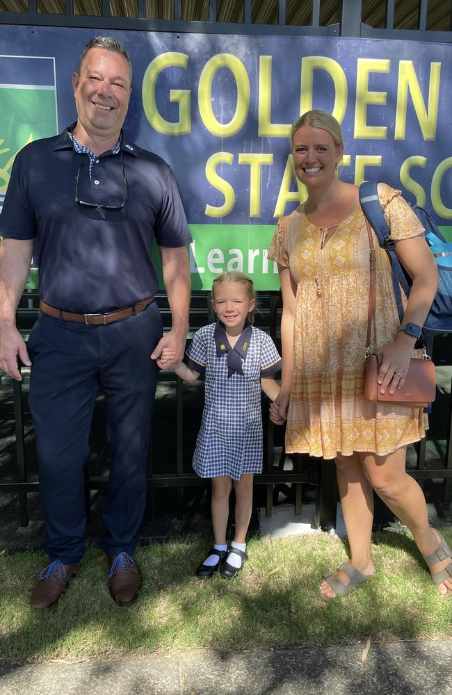 Amigo, Maple, and Abbey on Maple's first day of school at Golden Beach State School. Picture: Iwan Jones