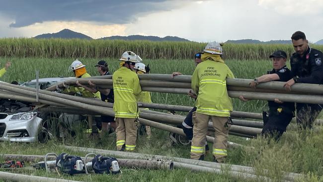 A car has crashed into irrigation equipment in a cane field in Farleigh, seriously injuring the driver. Photo: Zoe Devenport