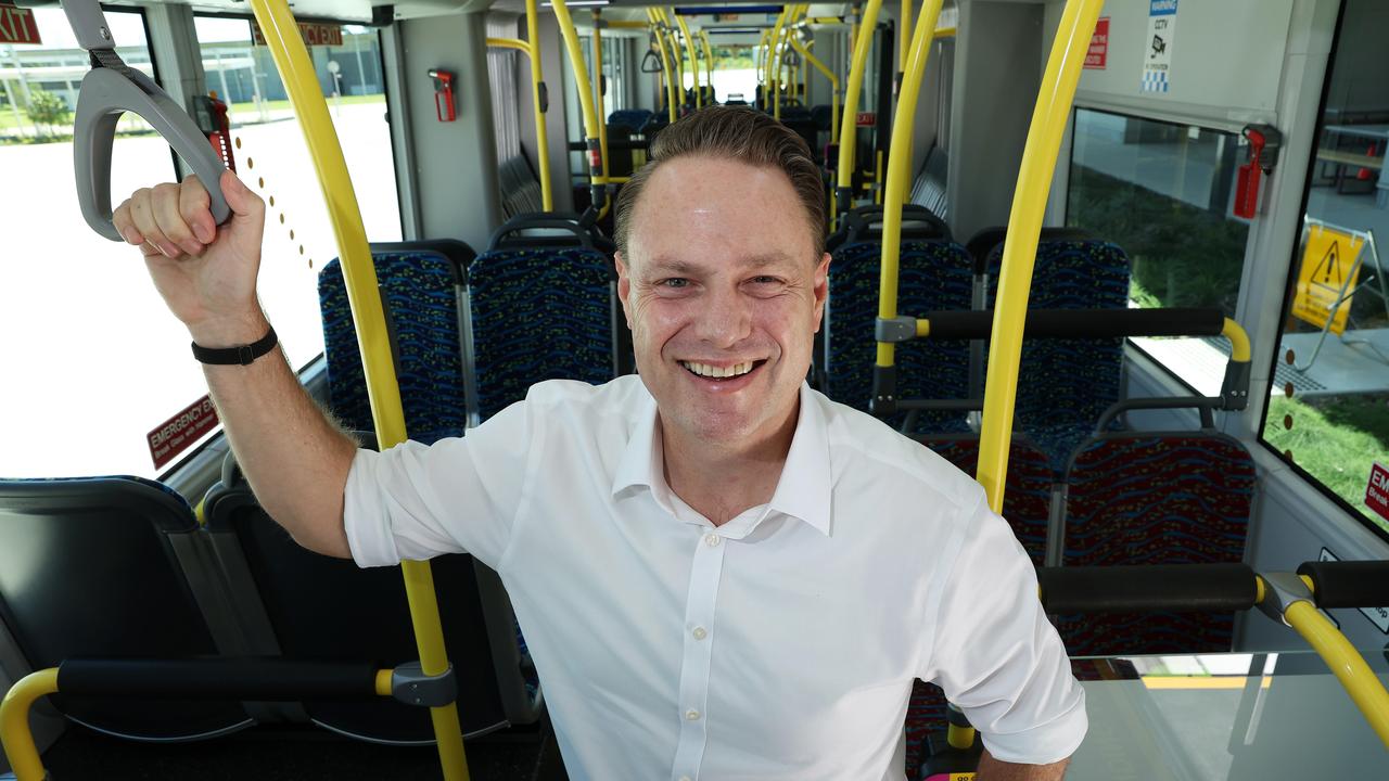 Lord Mayor Adrian Schrinner on the Brisbane Metro at the Rochedale depot. Picture: Liam Kidston