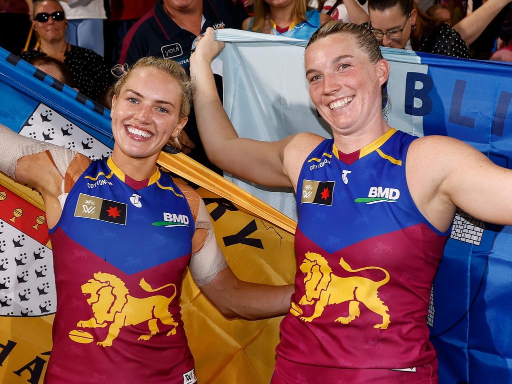 Brisbane’s Irish stars Orla O’Dwyer (left) and Jennifer Dunne. (Photo by Michael Willson/AFL Photos via Getty Images)