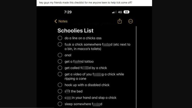 This sexually explicit and drugs-based 'checklist' was posted to multiple Schoolies Facebook groups. Picture: Facebook