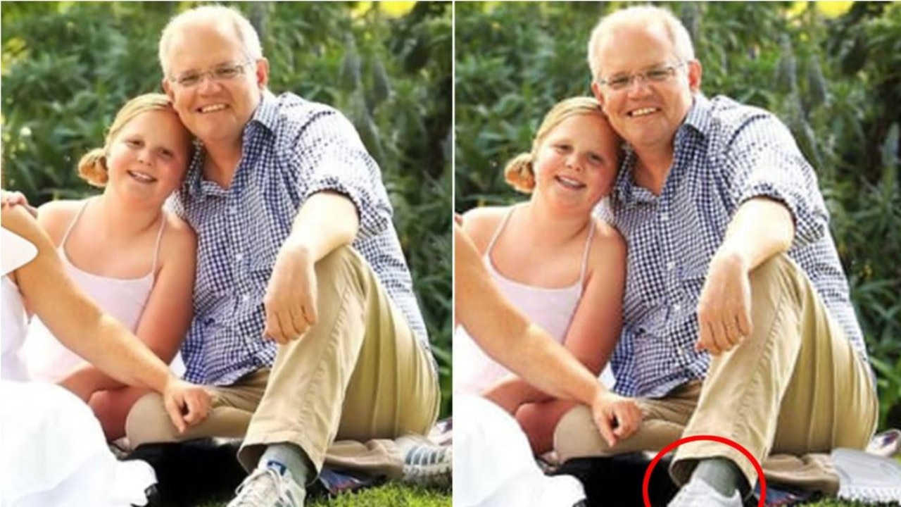 A family portrait of Prime Minister Scott Morrison showing his photoshopped shoes.