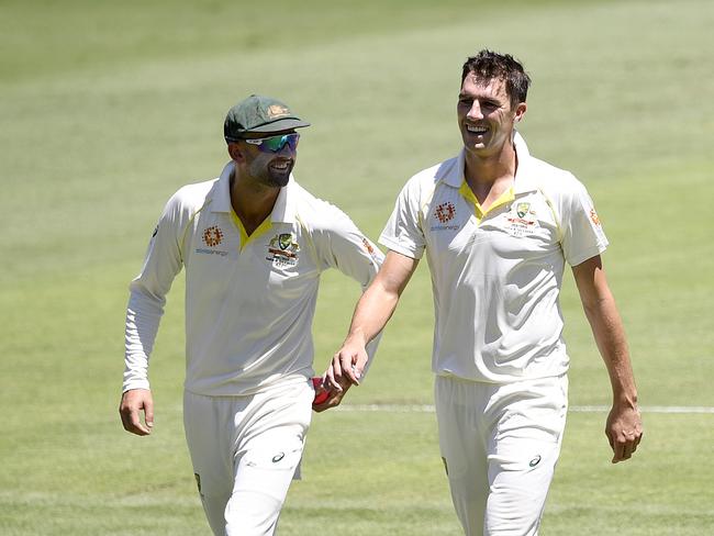 Australian bowler Pat Cummins smiles after taking two early wickets during day three of the First Test match between Australia and Sri Lanka at The Gabba in Brisbane. Picture: AAP