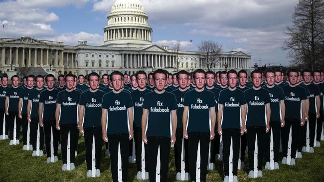 Cutouts of Facebook chief executive Mark Zuckerberg are displayed outside the Capitol building ahead of his testimony this week. Picture: Bloomberg