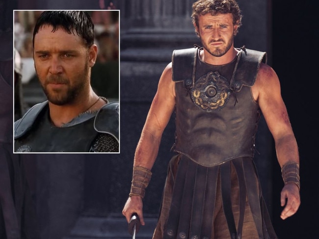 Russell Crowe as Maximus in the original Gladiator, and Paul Mescal as Lucius in the sequel.