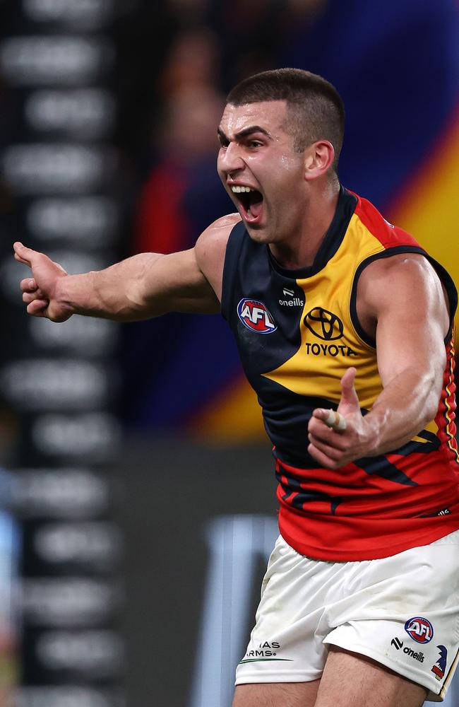 Rachele celebrates his match-winning goal against Essendon in July. Picture: Mark Stewart