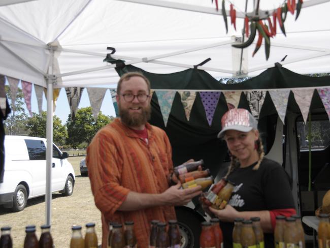 (From left) Jasper Manfield and Malaika Gannon from Jasper In A Jar enjoying their Sunday at the Murphys Creek Chilli Festival. Picture: Isabella Pesch