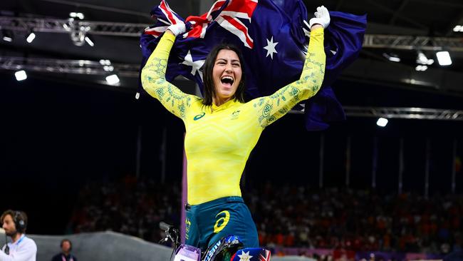 PARIS, FRANCE - AUGUST 02: Saya Sakakibara of Australia celebrates winning Gold during the Paris 2024 Olympic Games Cycling BMX Racing Final at the Saint-Quentin-en-Yvelines BMX Stadium on August 02, 2024 in Paris, France. (Photo by Pete Dovgan/Speed Media/Icon Sportswire via Getty Images)